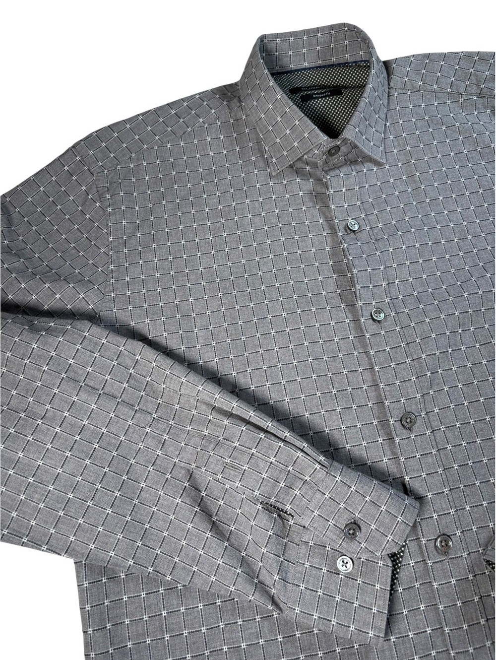 Bugatchi Gray Checkered Shaped Fit Men's Long Sleeve Dress shirt 16.5/36